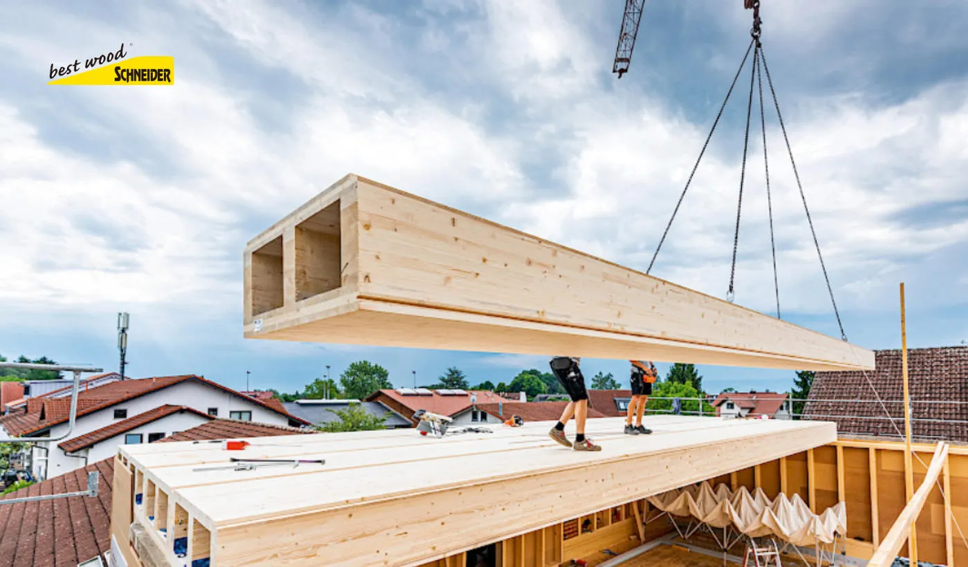 wood fiber insulation boards (flexible and pressure-resistant), as well as of all statically loaded wood products (such as glulam, glulam ceilings, wooden box elements, DUO/TRIO beams and KVH® solid structural timber) for the modern construction of timber houses and passive houses Best Wood Schneider