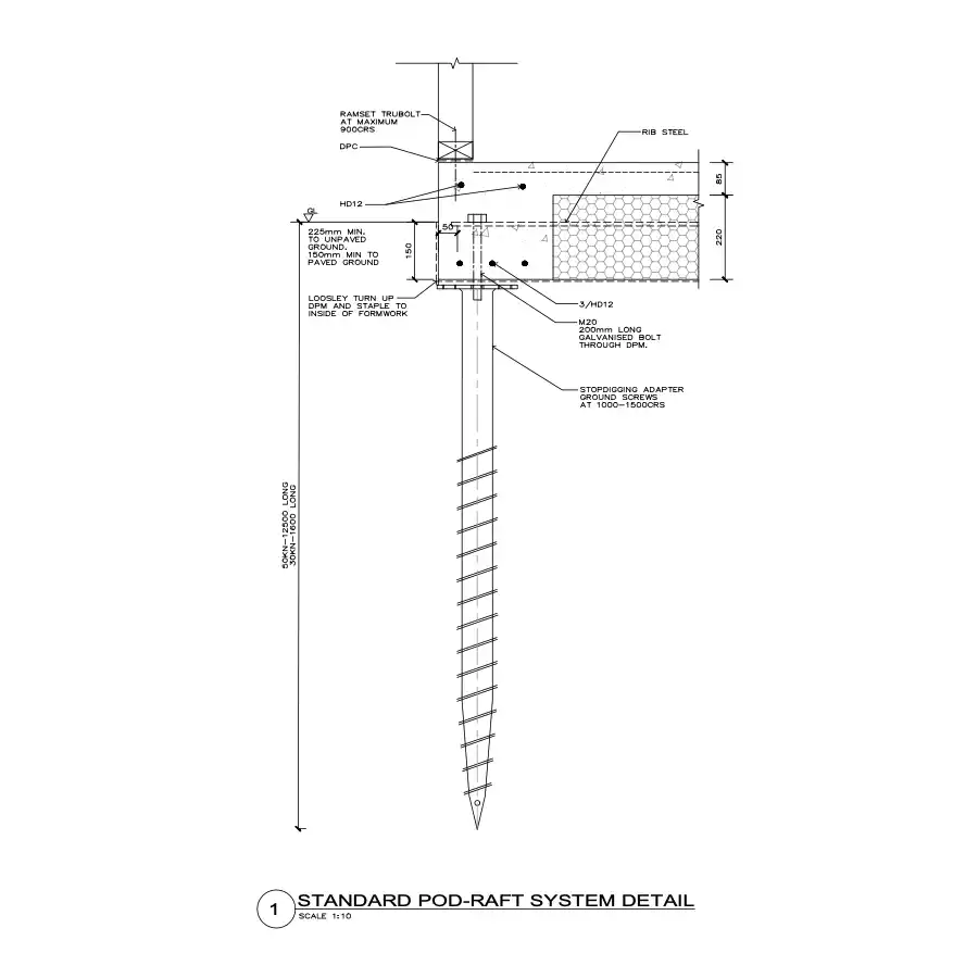Ground Screw detail for slab on grade concrete foundation